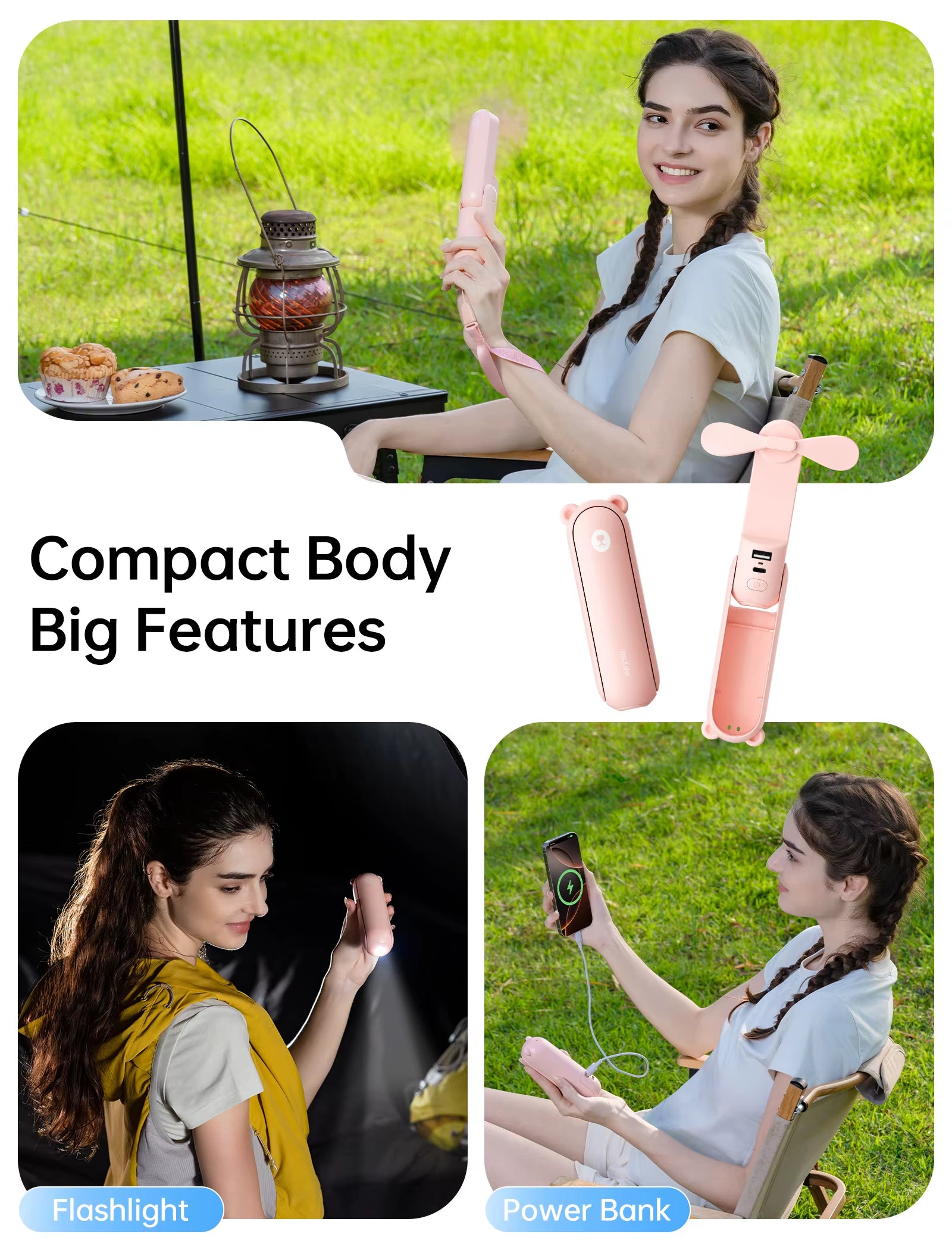 Portable Fan Mini Handheld Fan USB 4500Mah Recharge Hand Held Small 3 In1 Pocket Fan with Power Bank Flashlight Feature