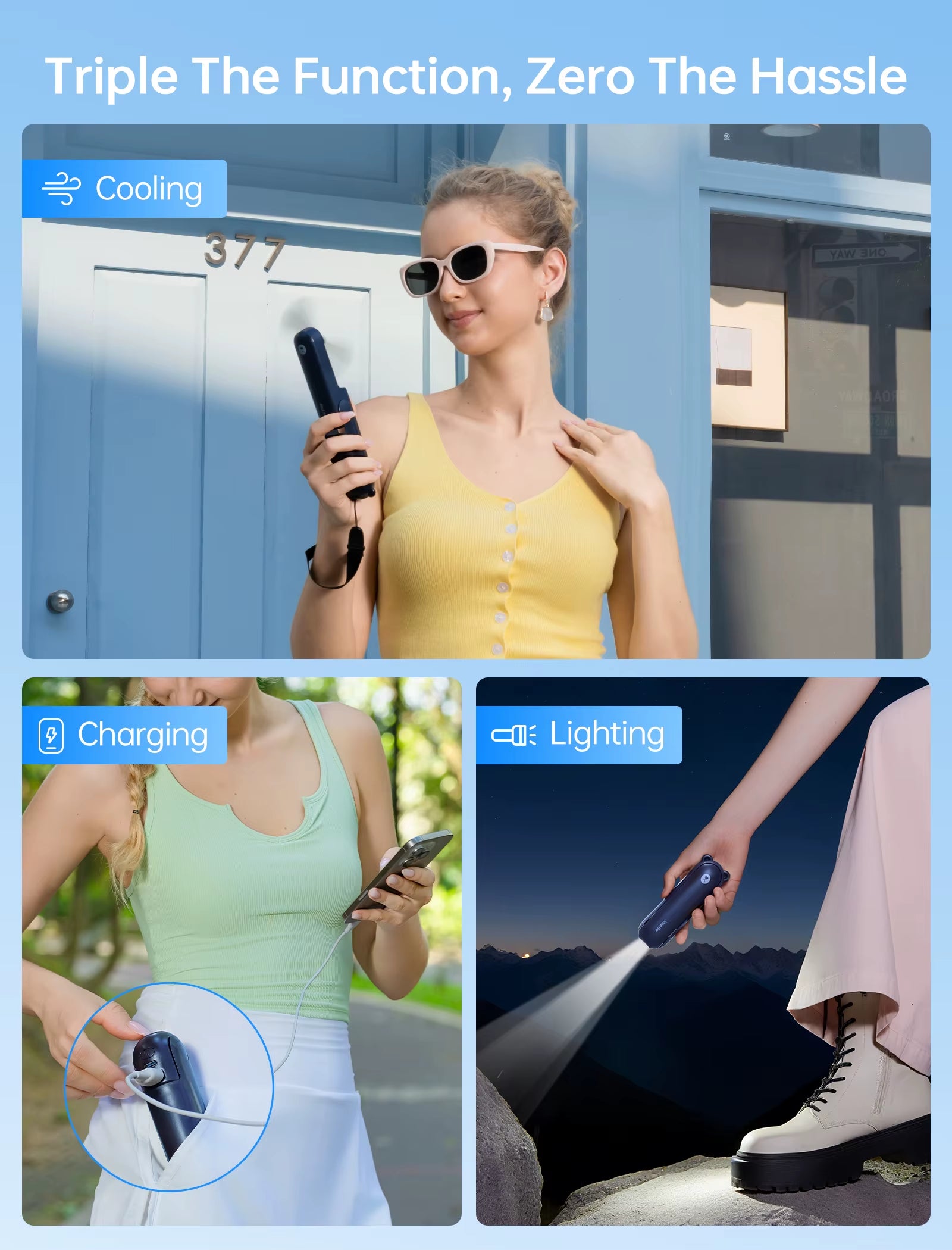 Portable Fan Mini Handheld Fan USB 4500Mah Recharge Hand Held Small 3 In1 Pocket Fan with Power Bank Flashlight Feature