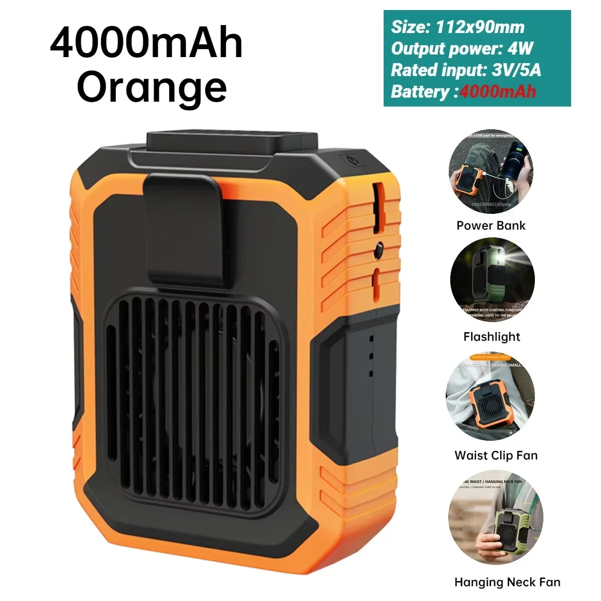 4000Mah Portable Mini Waist Fan Wearable Personal Fan 3 Speed USB Rechargeable Waist Clip Fan Emergency Mobile Power for Outdoor