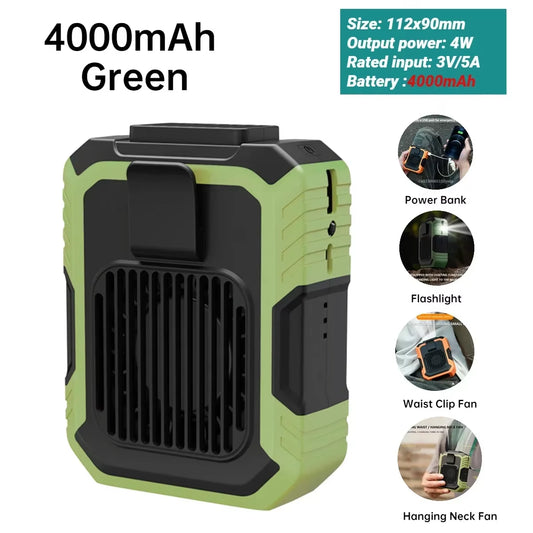 4000Mah Portable Mini Waist Fan Wearable Personal Fan 3 Speed USB Rechargeable Waist Clip Fan Emergency Mobile Power for Outdoor